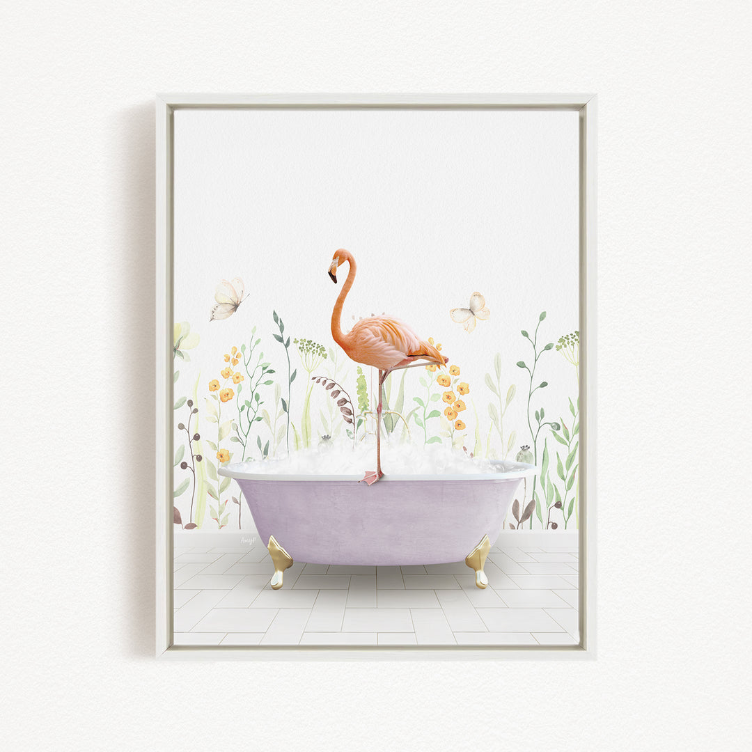 A pink flamingo standing on a purple bathtub filled with bubbles, surrounded by a floral and butterfly-themed background.