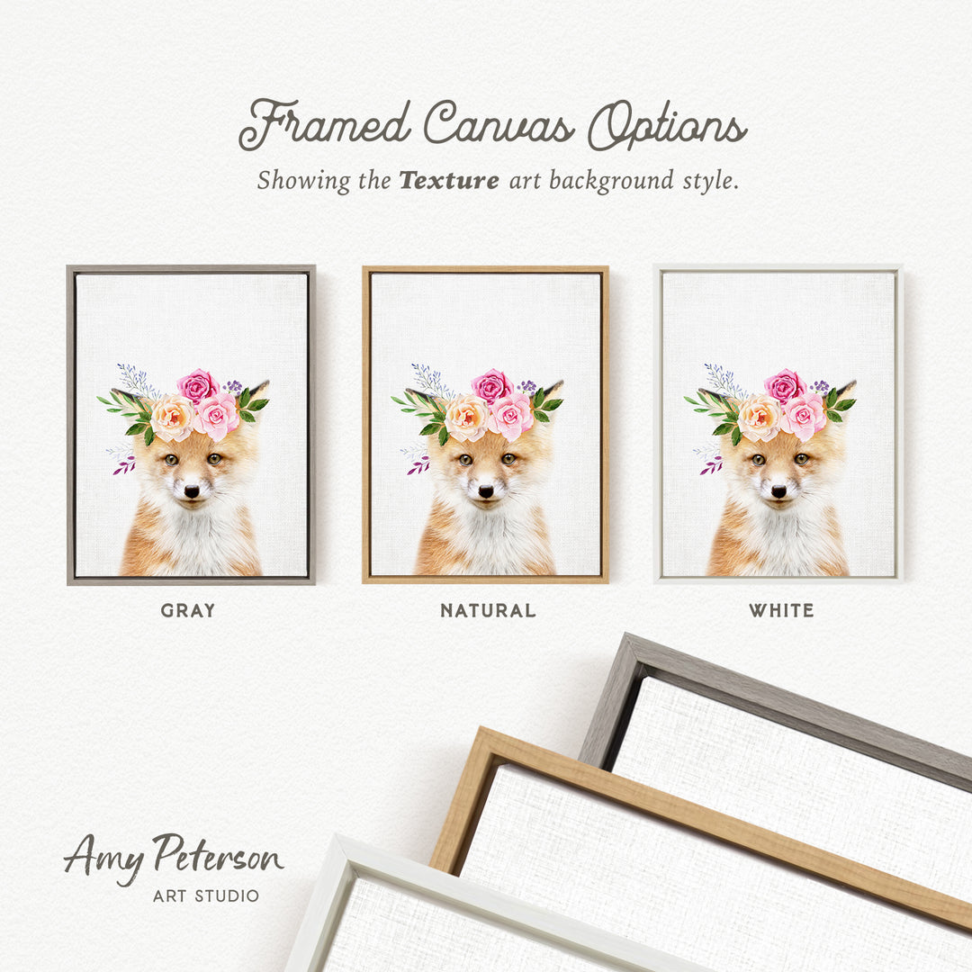 three framed canvas options, each featuring a fox with a floral headpiece. The options include a gray, a natural, and a white frame. The text above the images reads " Framed Canvas Options" and "Showing the Texture art background style." The artist's name, Amy Peterson, is also mentioned at the bottom of the image.