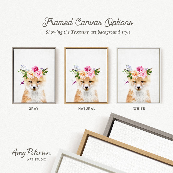 three framed canvas options, each featuring a fox with a floral headpiece. The options include a gray, a natural, and a white frame. The text above the images reads " Framed Canvas Options" and "Showing the Texture art background style." The artist's name, Amy Peterson, is also mentioned at the bottom of the image.