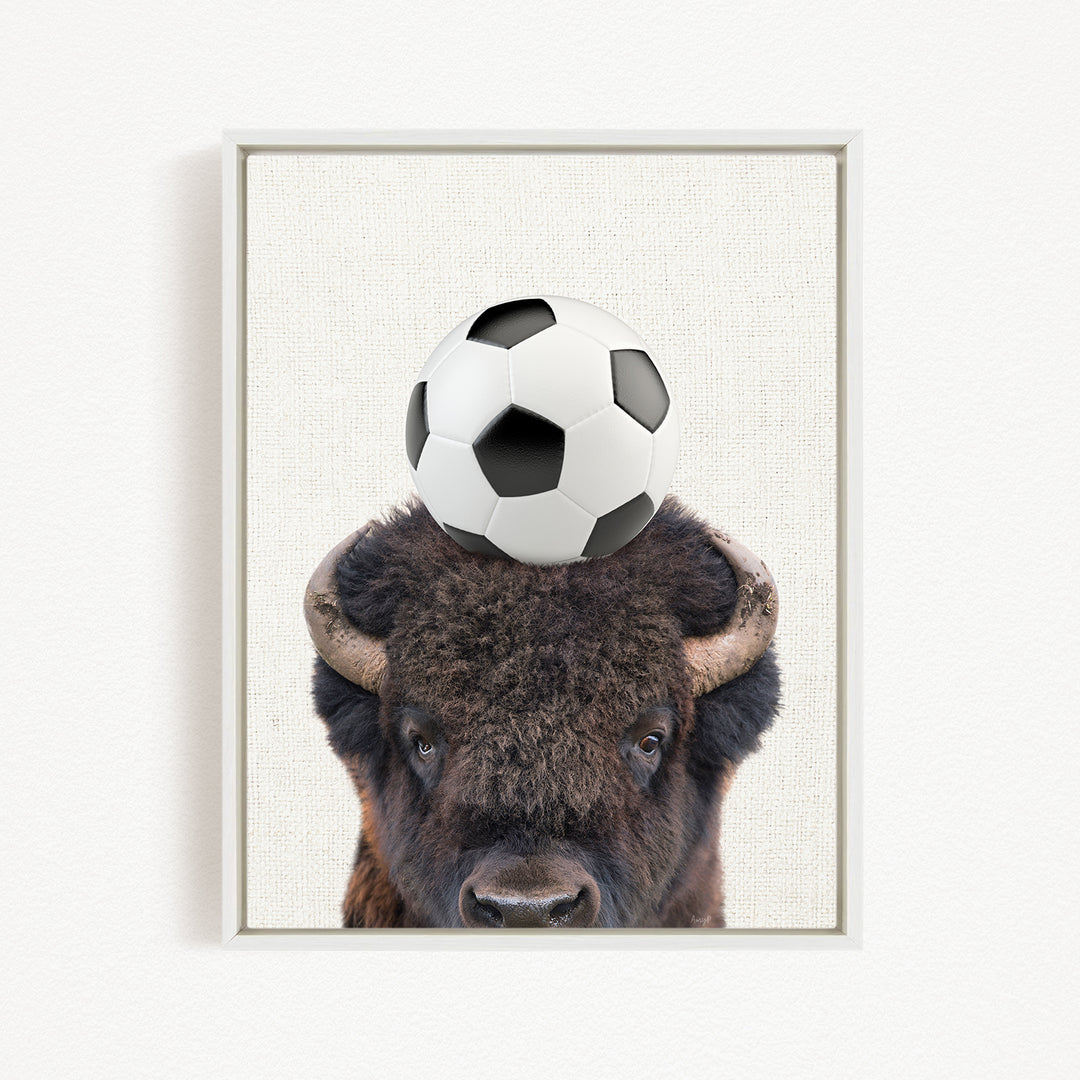 A close-up of a bison's head with a soccer ball resting on its head.