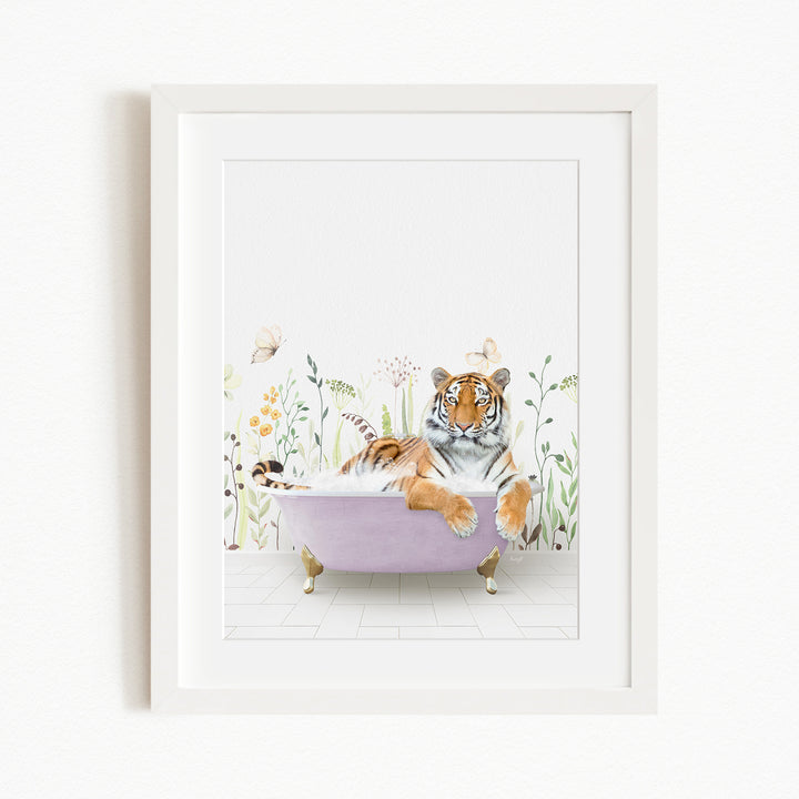 A tiger is sitting in a purple bathtub, surrounded by flowers and butterflies, creating a whimsical and playful scene.
