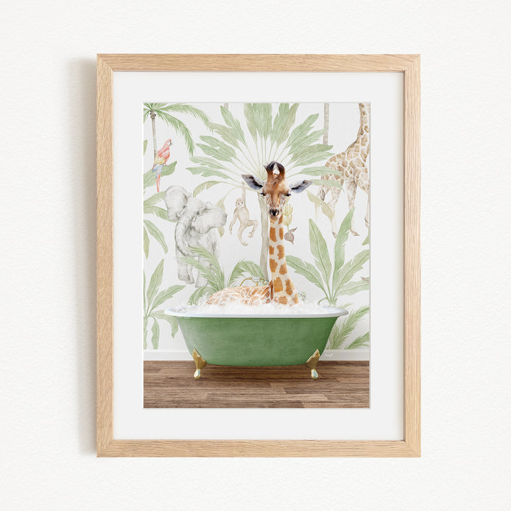 A giraffe is standing in a green bathtub filled with water, surrounded by various animals and plants, creating a whimsical and playful scene.