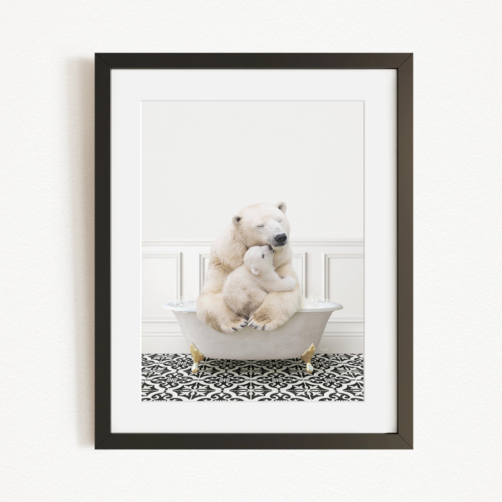 A polar bear is sitting in a bathtub, with a baby polar bear nestled next to it, creating a heartwarming scene.