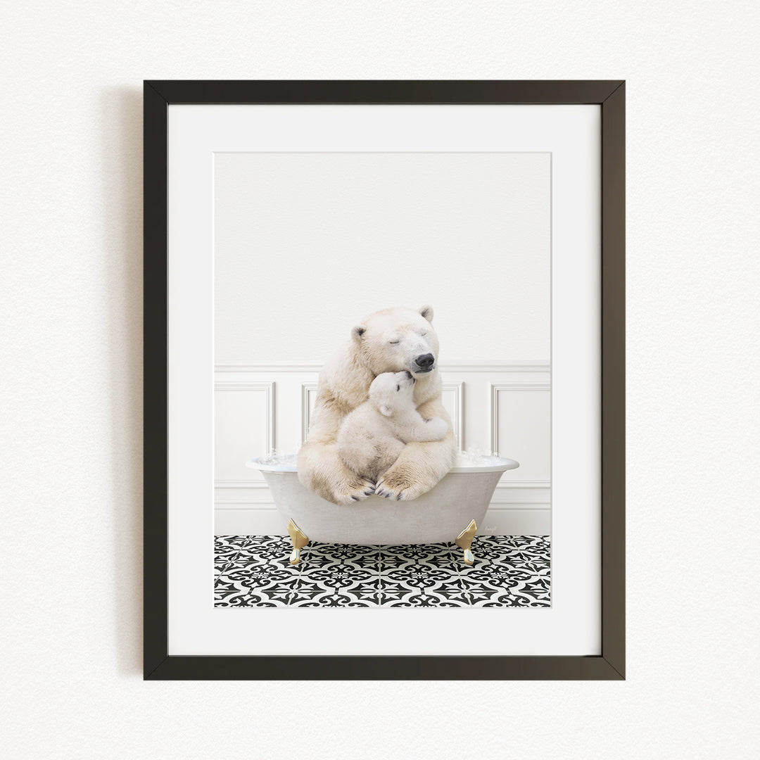 A polar bear is sitting in a bathtub, with a baby polar bear nestled next to it, creating a heartwarming scene.