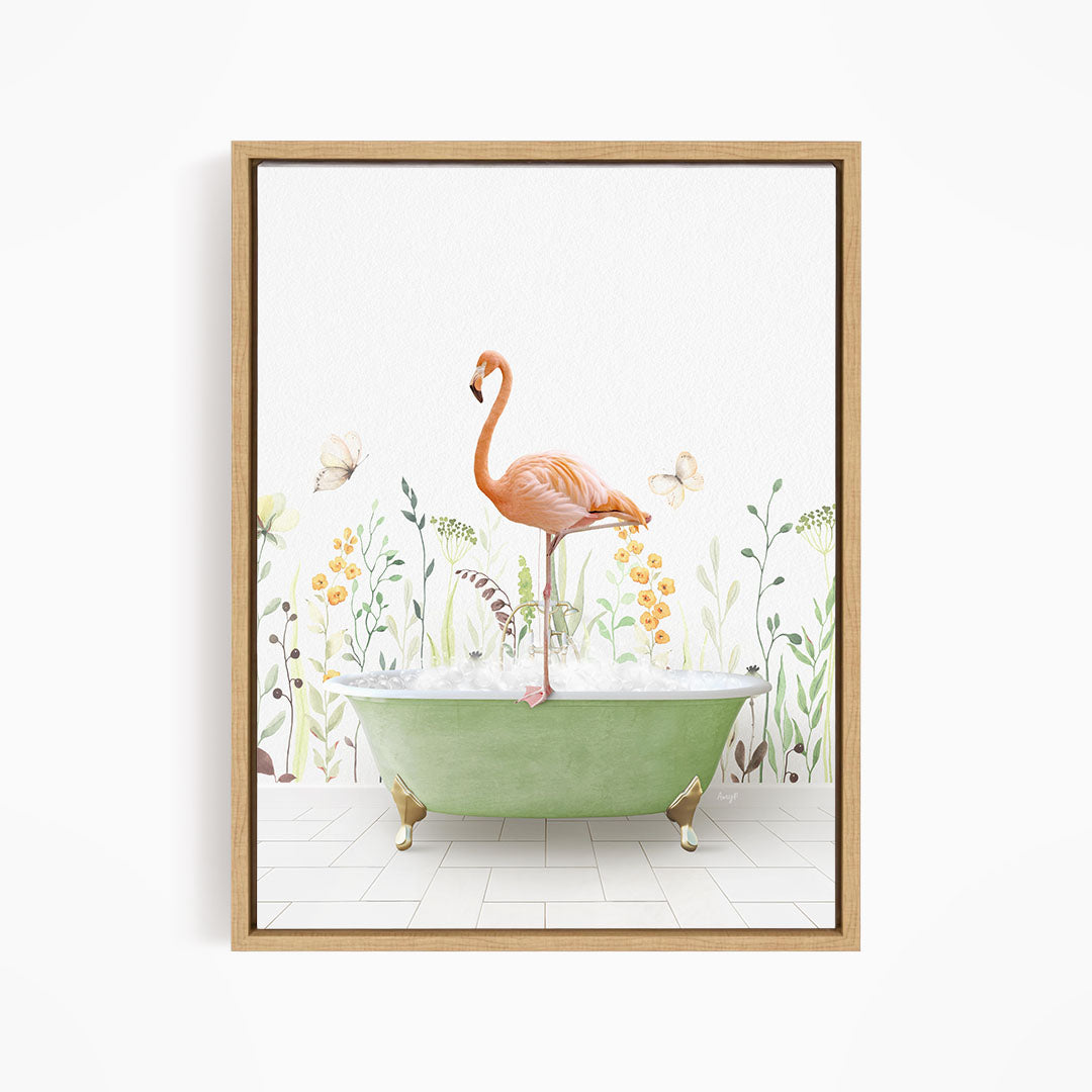 A pink flamingo stands on the edge of a green bathtub, surrounded by a floral and butterfly-themed background.