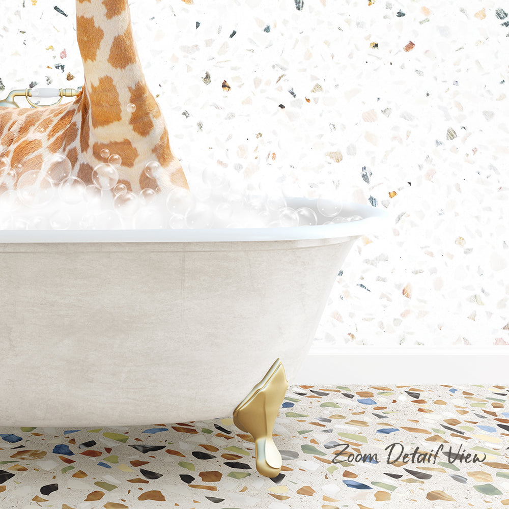 A giraffe is taking a bath in a white bathtub, surrounded by bubbles, with a mosaic floor in the background.