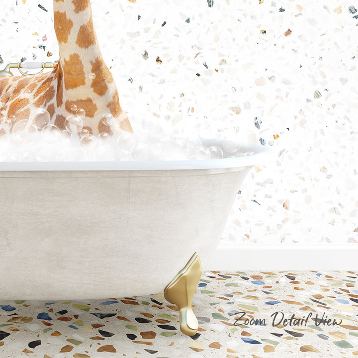 A giraffe is taking a bath in a white bathtub, surrounded by bubbles, with a mosaic floor in the background.