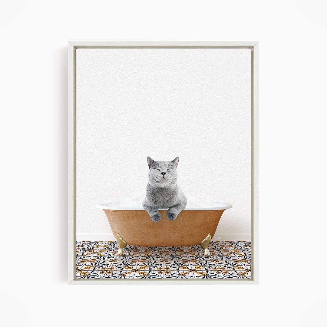 A gray cat sitting in a bathtub filled with bubbles, with a white wall and a patterned tile floor in the background.