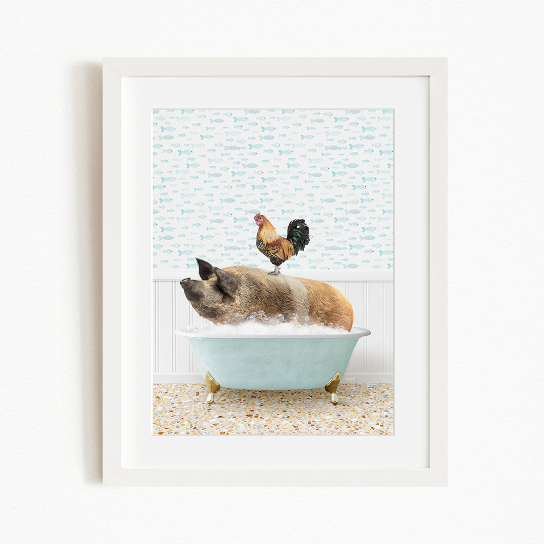 A rooster sits atop a pig in a bathtub, with a blue and white patterned wall in the background.