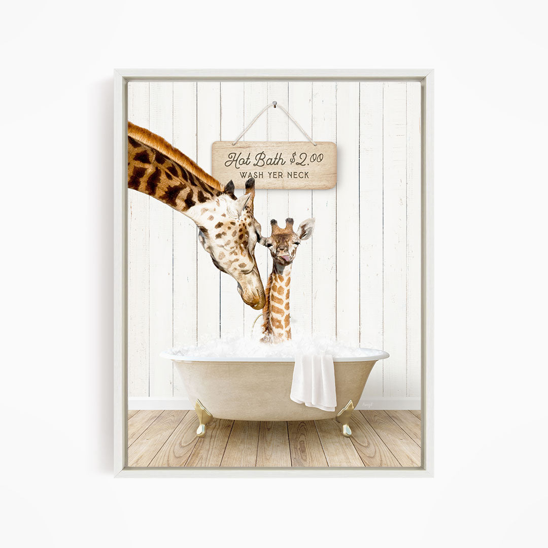 A giraffe and a baby giraffe are enjoying a relaxing bath in a white clawfoot tub, with a sign above them that reads "Hot Bath $2.00 Wash neck".