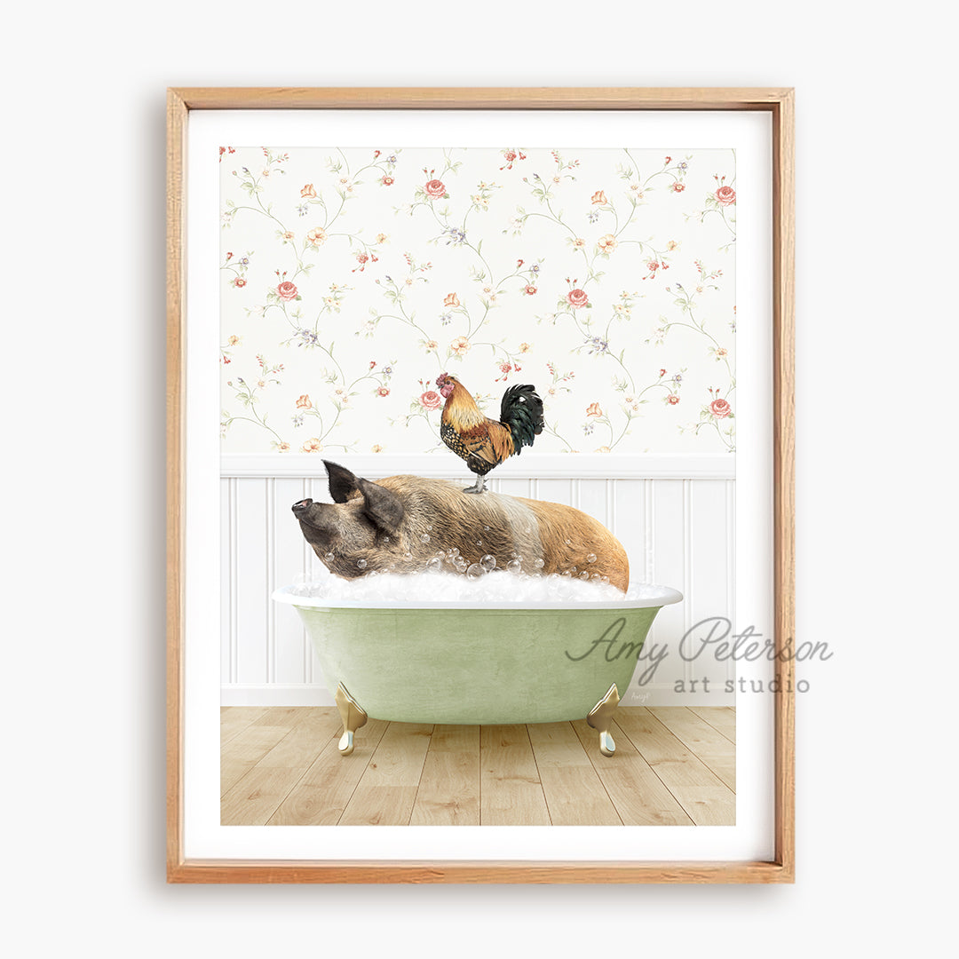 a picture of a dog and a chicken in a bathtub