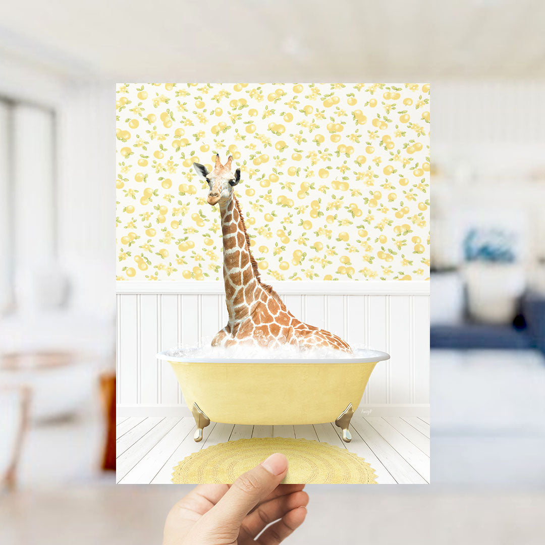 A giraffe sitting in a yellow bathtub filled with bubbles, surrounded by a yellow and white patterned wall.