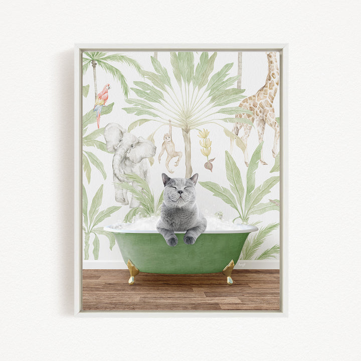 A gray cat sitting in a green bathtub, surrounded by a tropical wallpaper with various animals and plants.