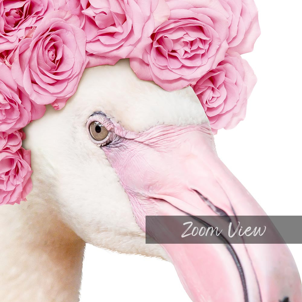 a white bird with pink flowers on its head