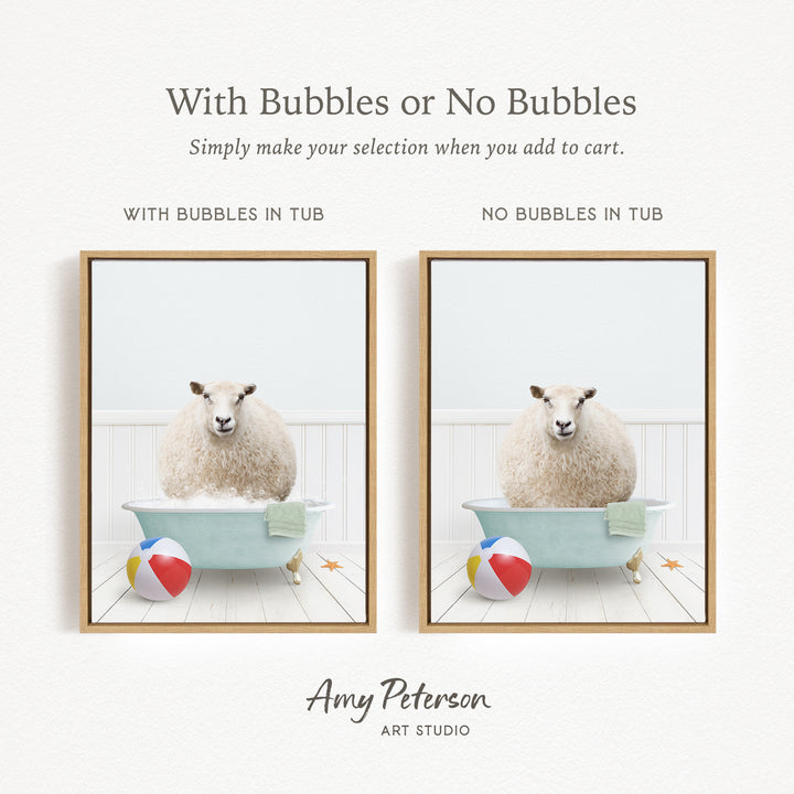The image is a collage of two framed pictures, each featuring a sheep sitting in a bathtub with a beach ball and a towel. The text above the images reads "With Bubbles or No Bubbles" and below the images, it says "Simply make your selection when you add to cart."