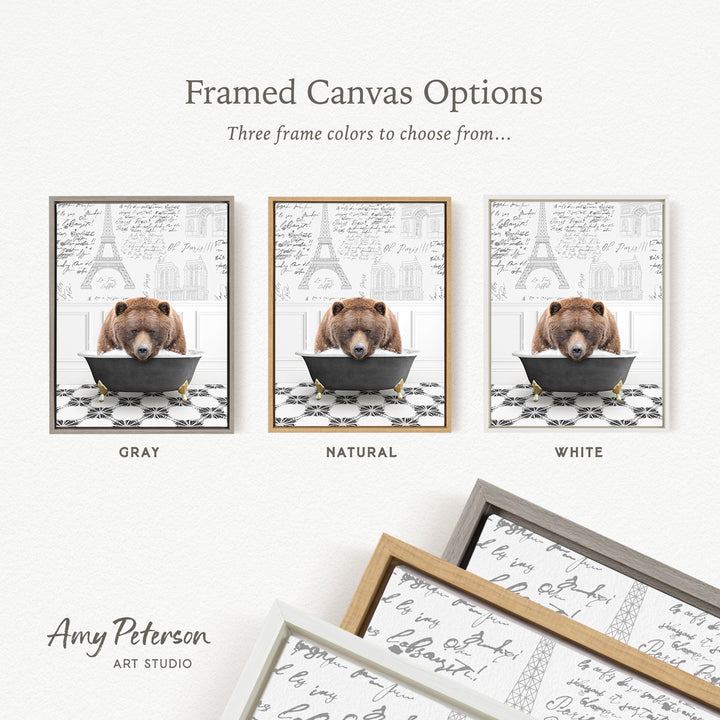 The image is a framed canvas option featuring three different color options for a bear image: gray, natural, and white.