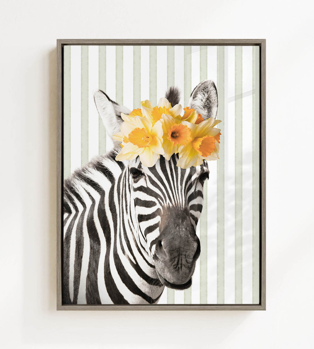 A zebra wearing a yellow flower crown on its head, with a striped background.