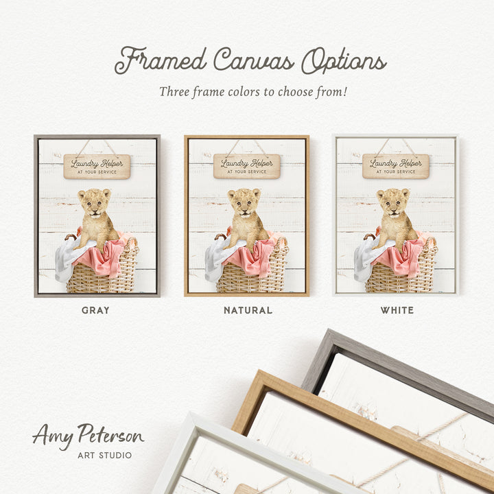three framed canvas options, each featuring a different color and frame style. The options include a gray frame, a natural frame, and a white frame. The text " Framed Canvas Options" is displayed above the options, and the text " Amy Peterson ART STUDIO" is shown at the bottom of the image.