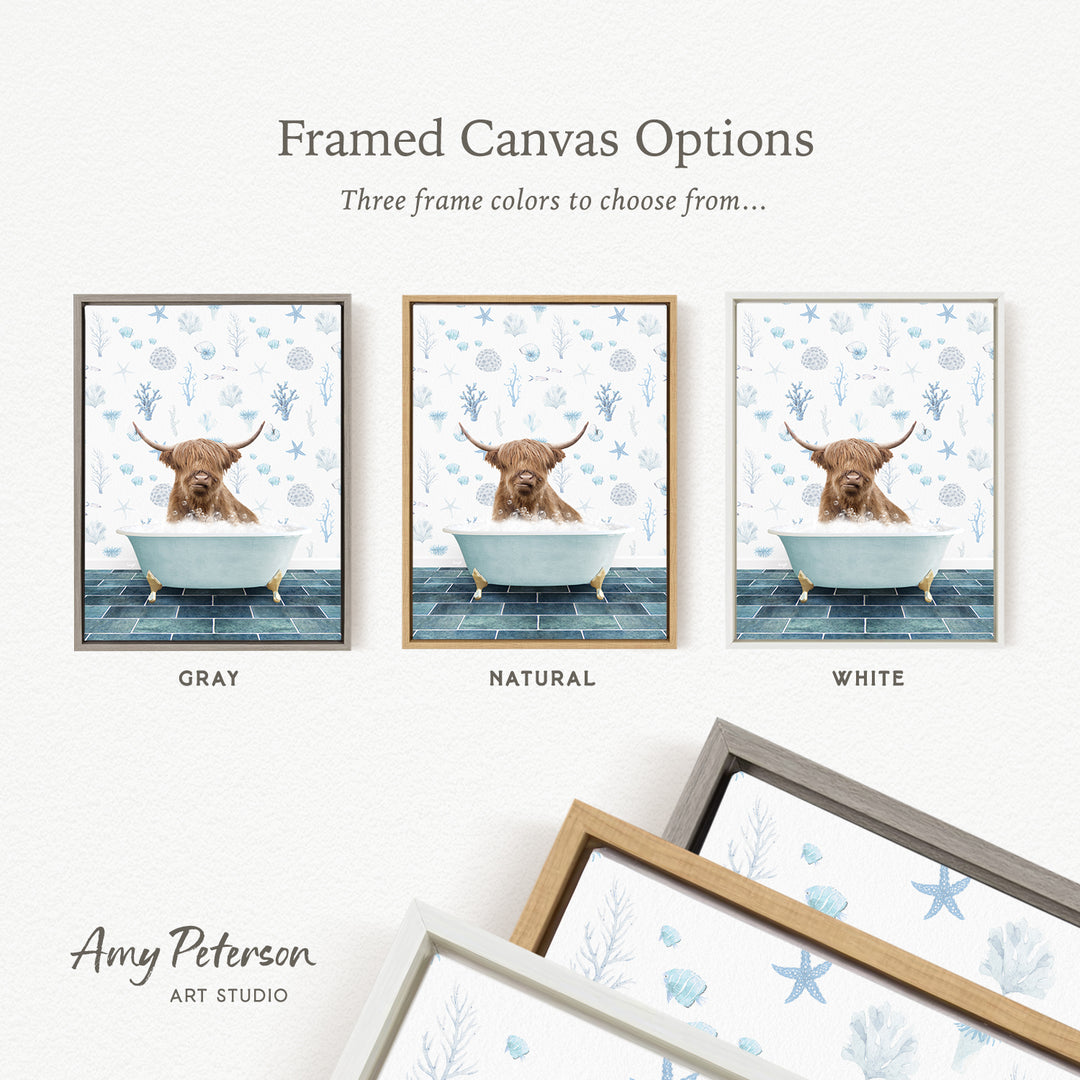 three framed canvas options featuring a brown cow sitting in a bathtub, with each option having a different frame color: gray, natural, and white.