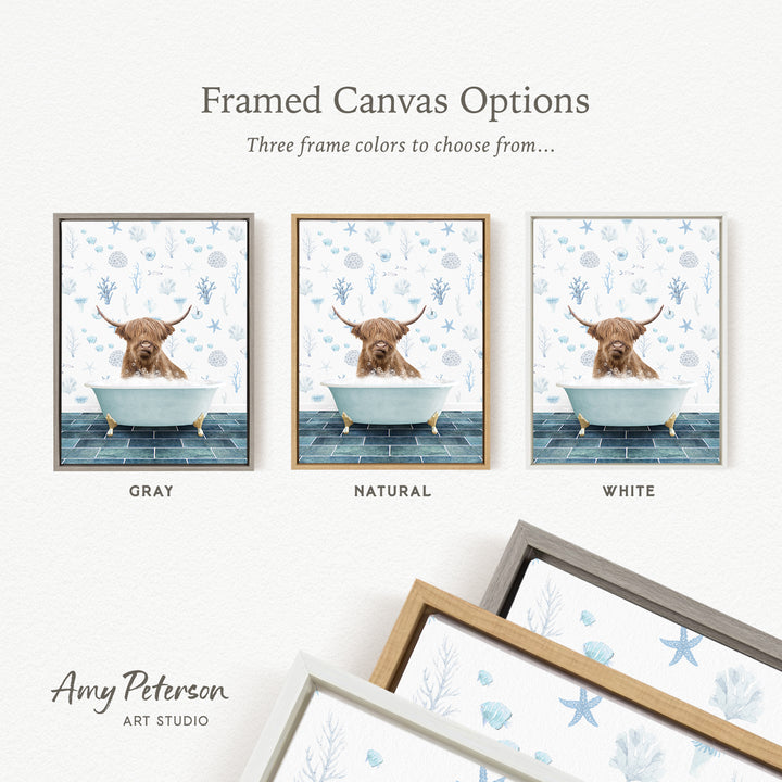 three framed canvas options featuring a brown cow sitting in a bathtub, with each option having a different frame color: gray, natural, and white.