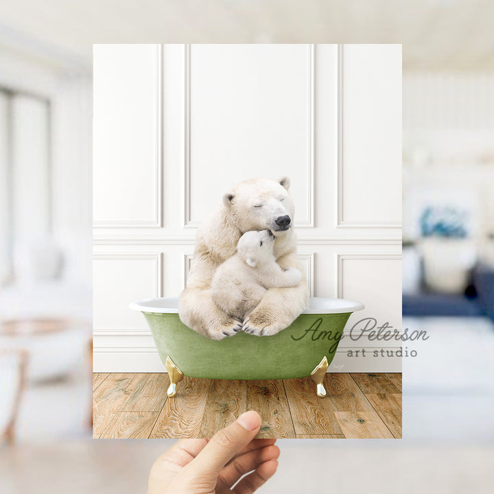 a polar bear sitting on top of a green bath tub