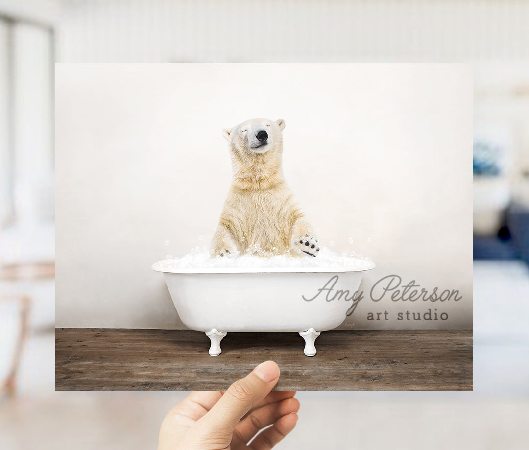 a polar bear sitting in a bath tub