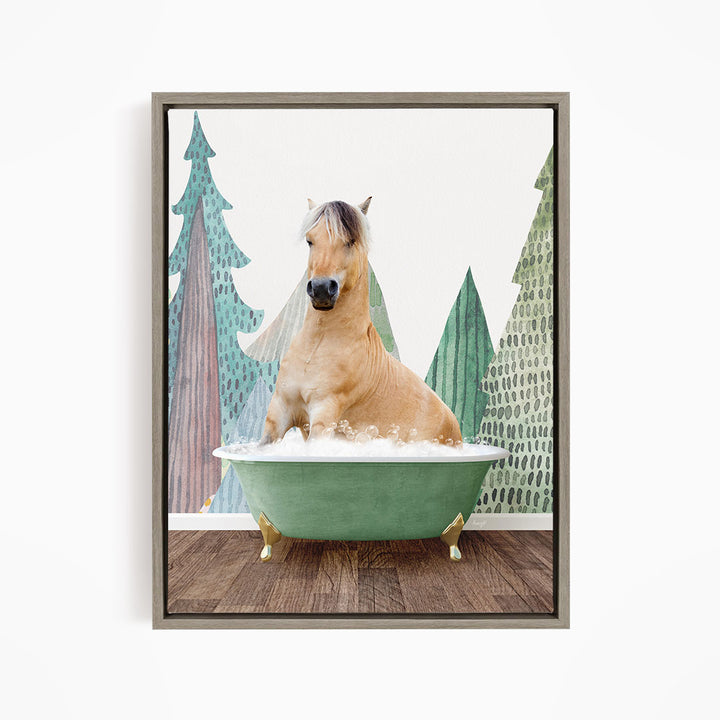 A light brown horse is sitting in a green bathtub, surrounded by a forest-themed background with trees and snow.