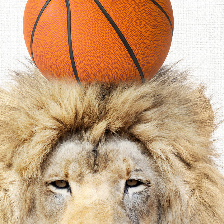 a lion with a basketball on its head