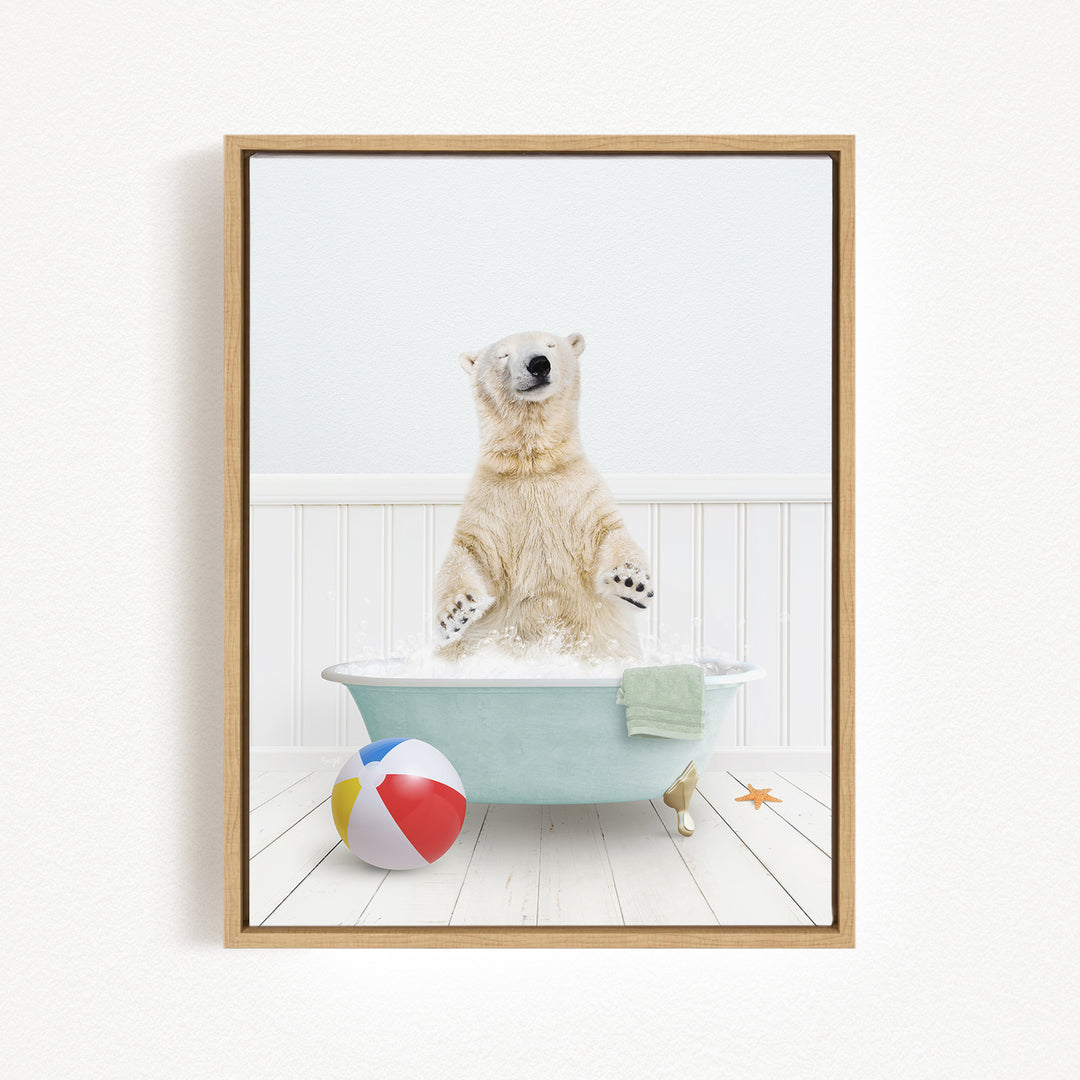 A polar bear standing in a bathtub filled with water, surrounded by a beach ball and towel.