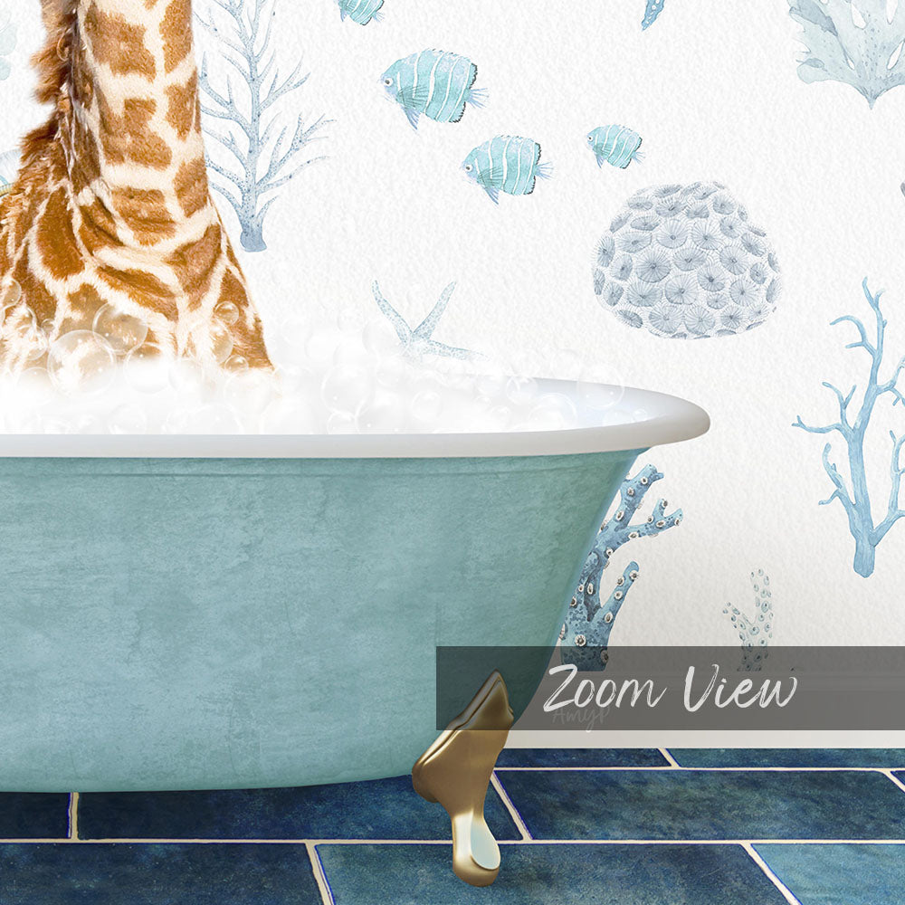 A giraffe is standing in a bathtub filled with water, surrounded by blue fish and coral-like decorations on the wall.