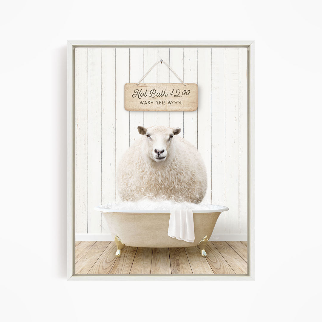 A fluffy white sheep is sitting in a white bathtub, with a sign above it that reads "Hot Bath $2.00 WASH YER WOOL".