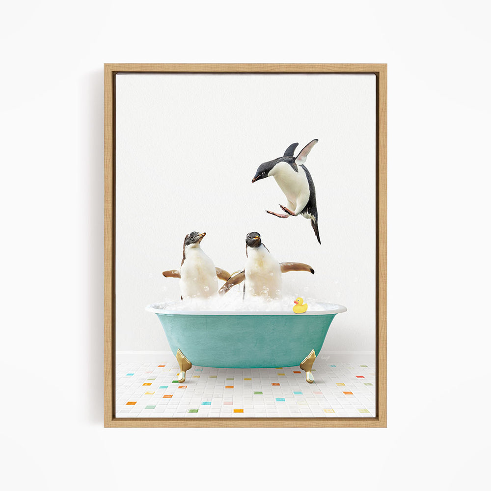 A framed image depicting two penguins sitting in a bathtub, with one penguin flying towards the other penguin.