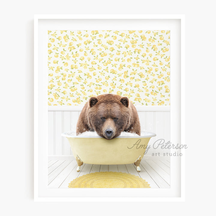 a brown bear is taking a bath in a bathtub