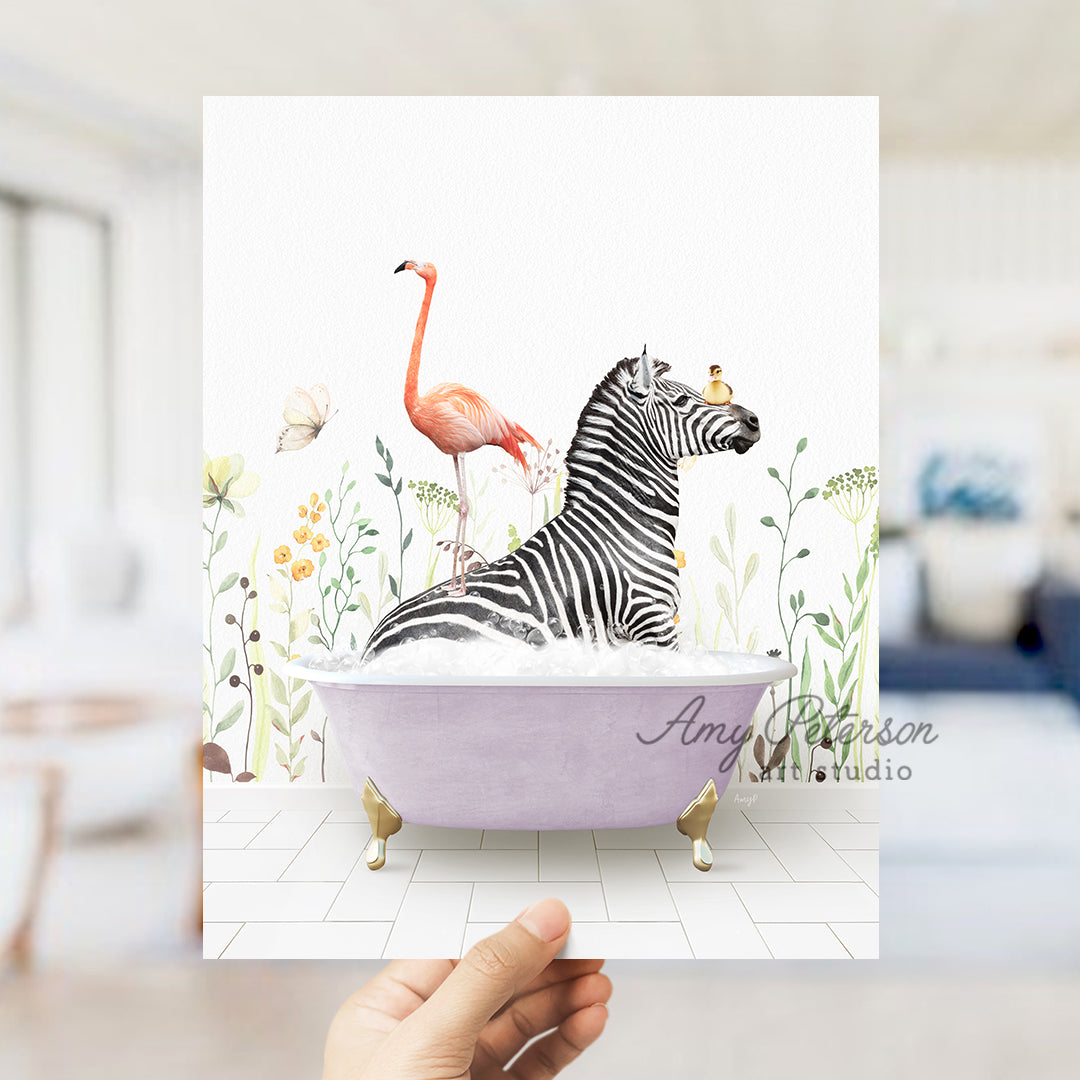 a hand holding a card with a zebra and a flamingo in a bathtub