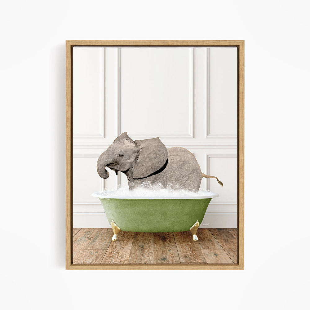 A gray elephant is sitting in a green bathtub filled with water, creating a whimsical and playful scene.