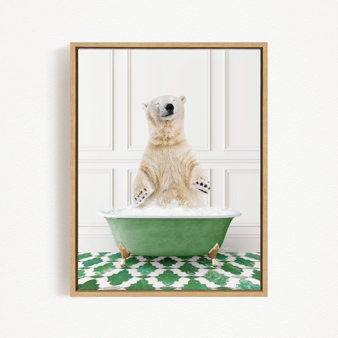 A polar bear standing in a green bathtub filled with water, with its paws raised in the air.