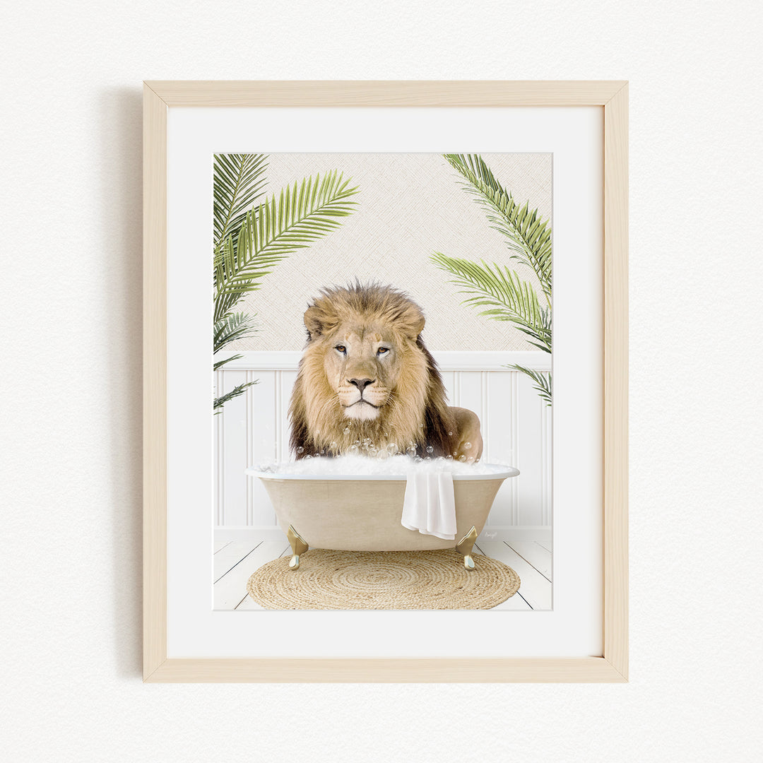 A lion sitting in a bathtub filled with water, surrounded by palm leaves.