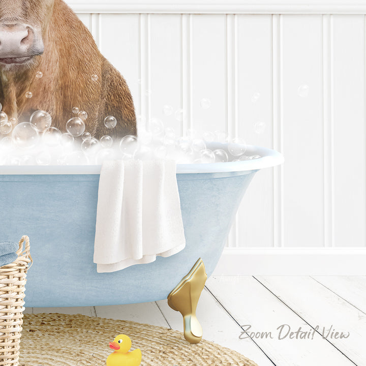 A brown cow is standing in a blue bathtub filled with bubbles, surrounded by a yellow rubber duck and a white towel.