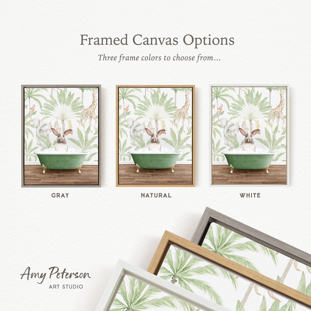 three framed canvas options, each featuring a different color and frame style. The options include a gray frame, a natural frame, and a white frame, each with a different background design.