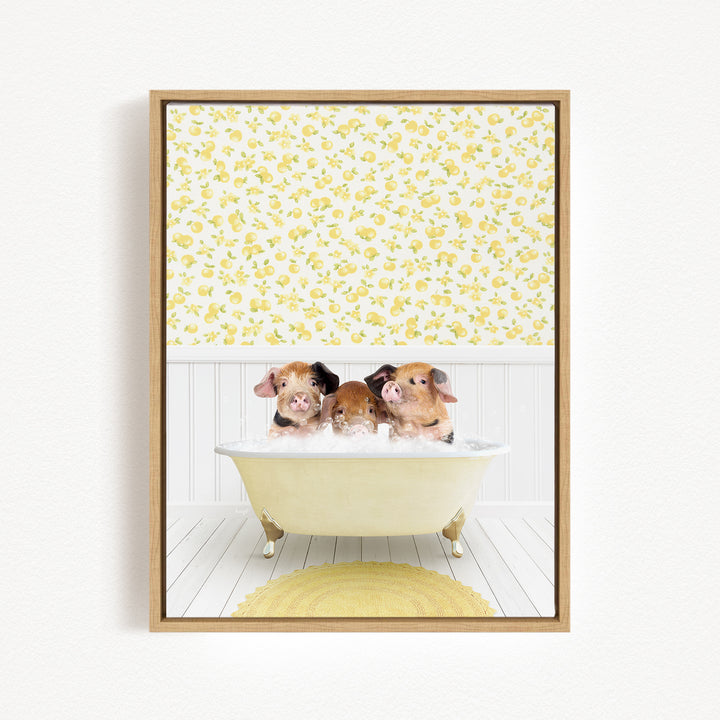 Three adorable pigs sitting in a white bathtub, surrounded by a yellow floral pattern on the wall behind them.