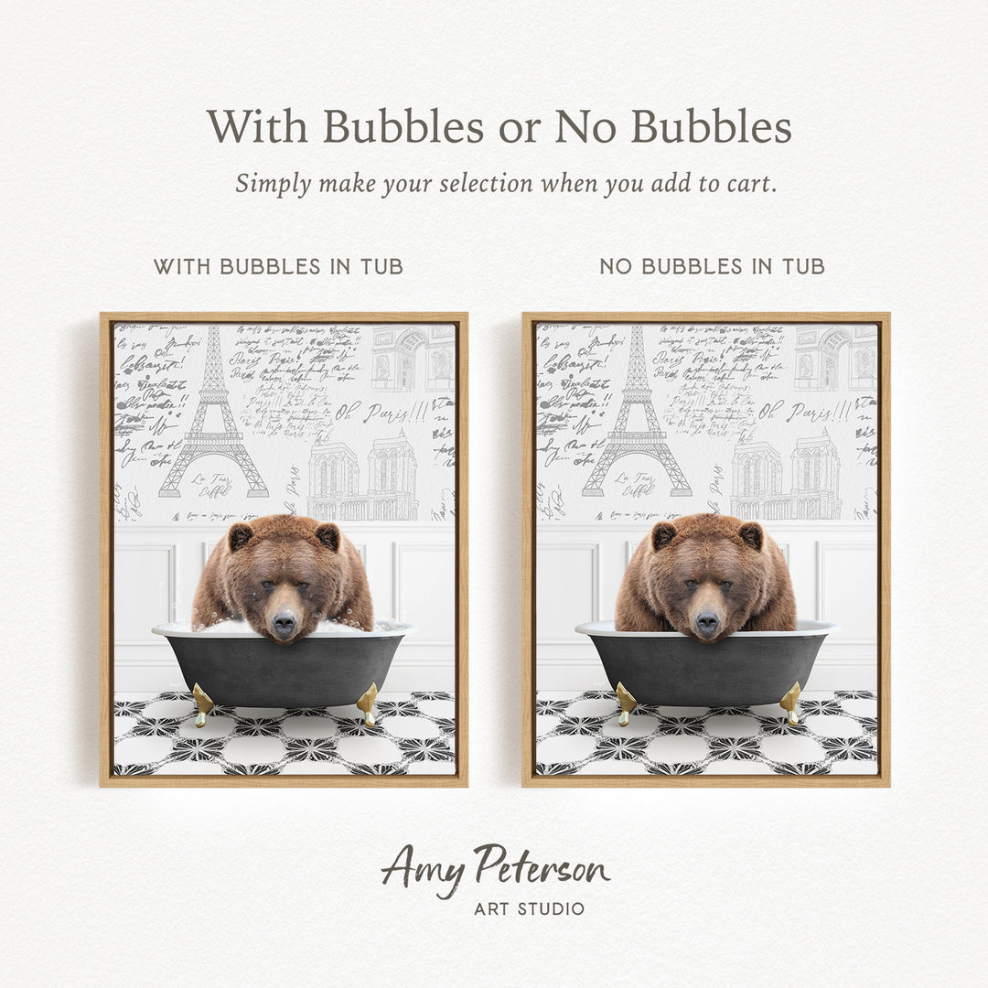 The image is a collage of two framed pictures featuring a bear sitting in a tub. The text above the images reads "With Bubbles or No Bubbles" and below the images, it says "Simply make your selection when you add to cart."