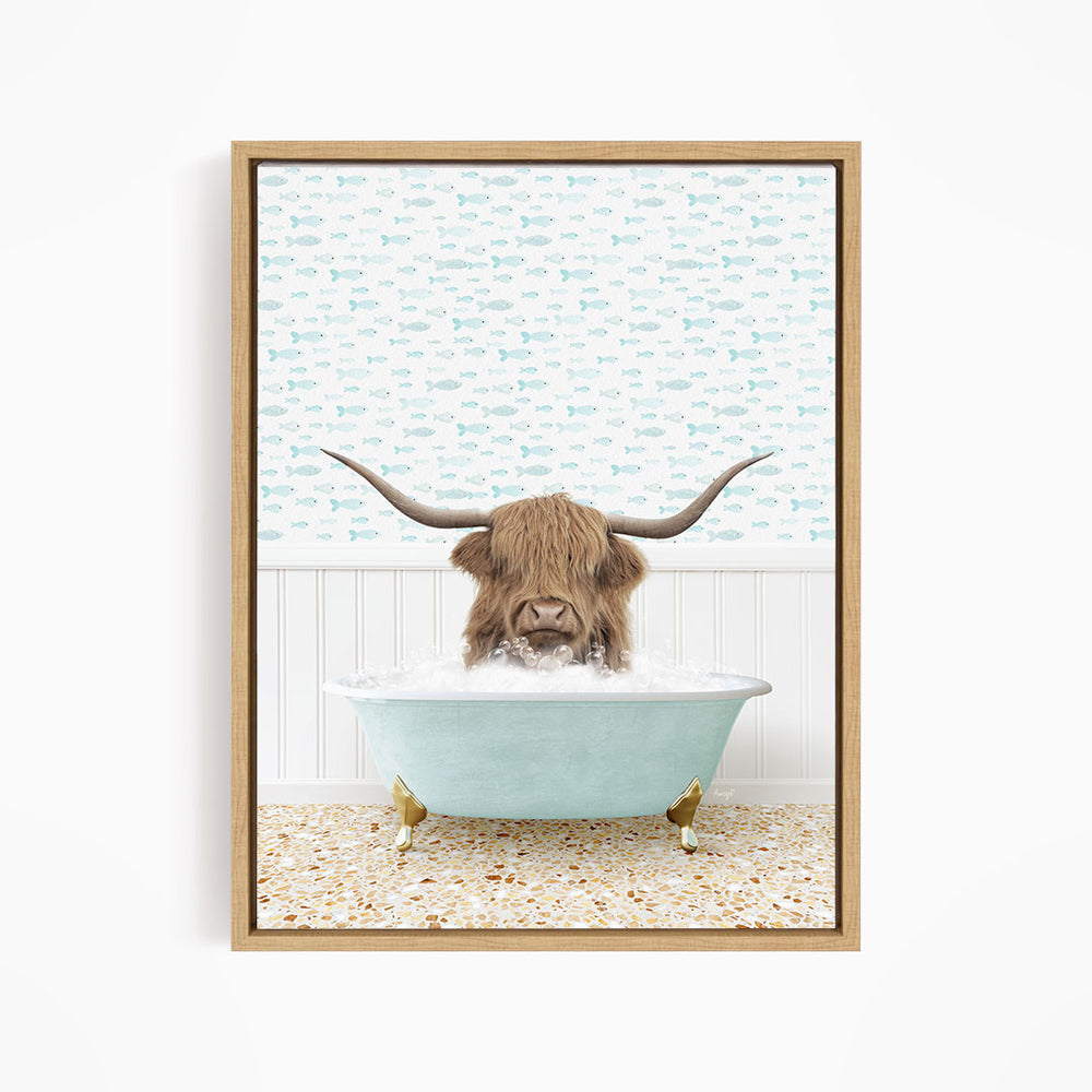 A brown cow with long horns is sitting in a light blue bathtub filled with water, surrounded by a patterned wall.