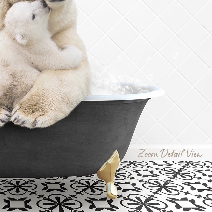 A polar bear is sitting in a bathtub filled with water, with bubbles around it, and a gold bathtub faucet.
