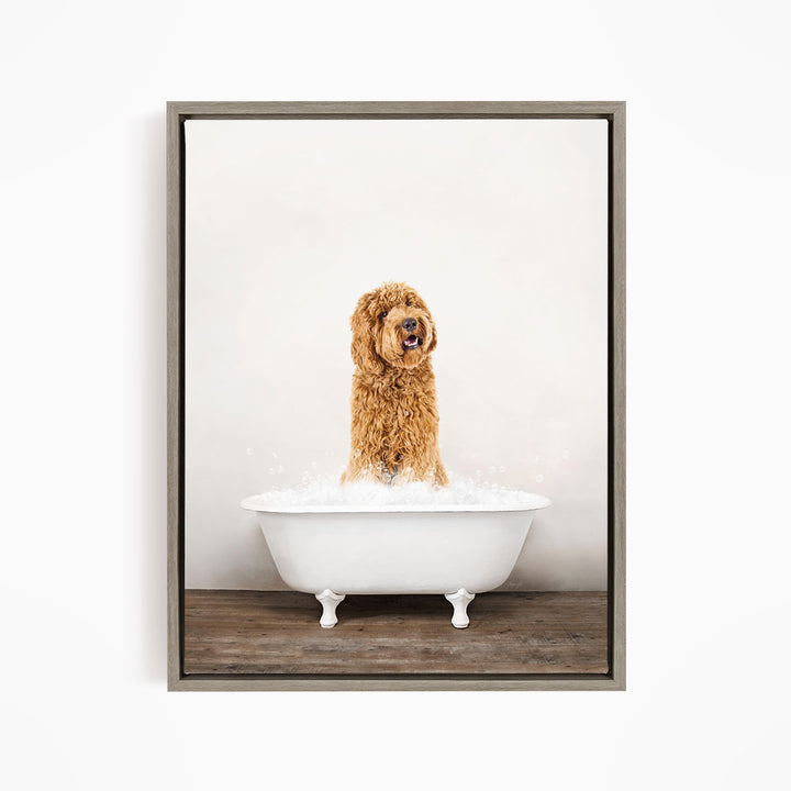 A brown dog sitting in a white bathtub filled with water, appearing to be enjoying a bath.