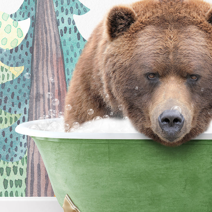 a large brown bear sitting in a bath tub