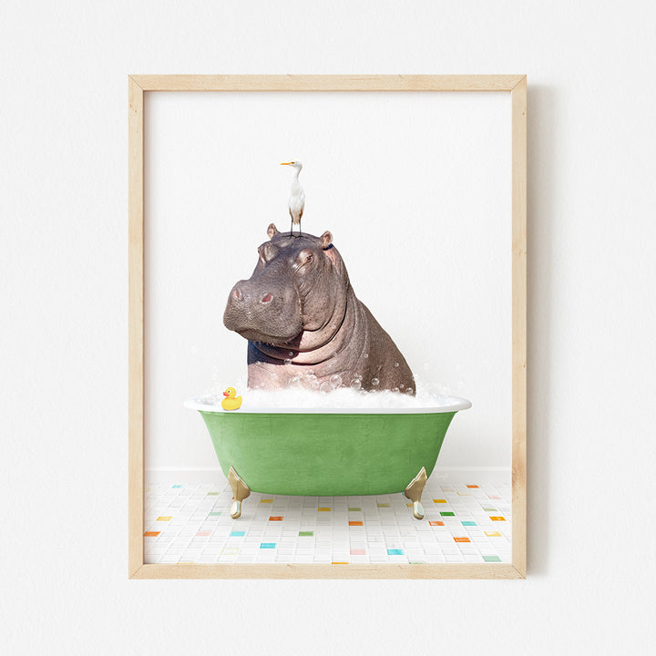 a hippo in a bathtub with a bird on top of it