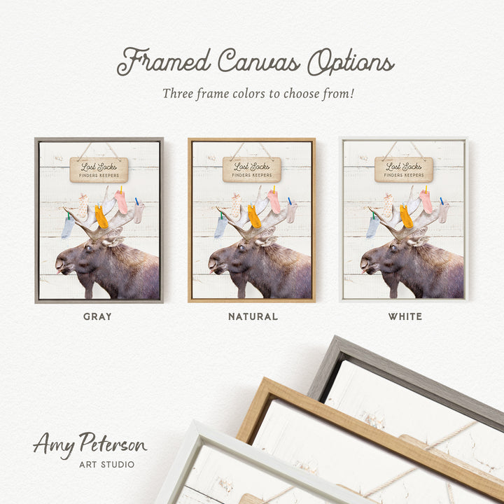 three framed canvas options featuring a moose in different color schemes: gray, natural, and white.