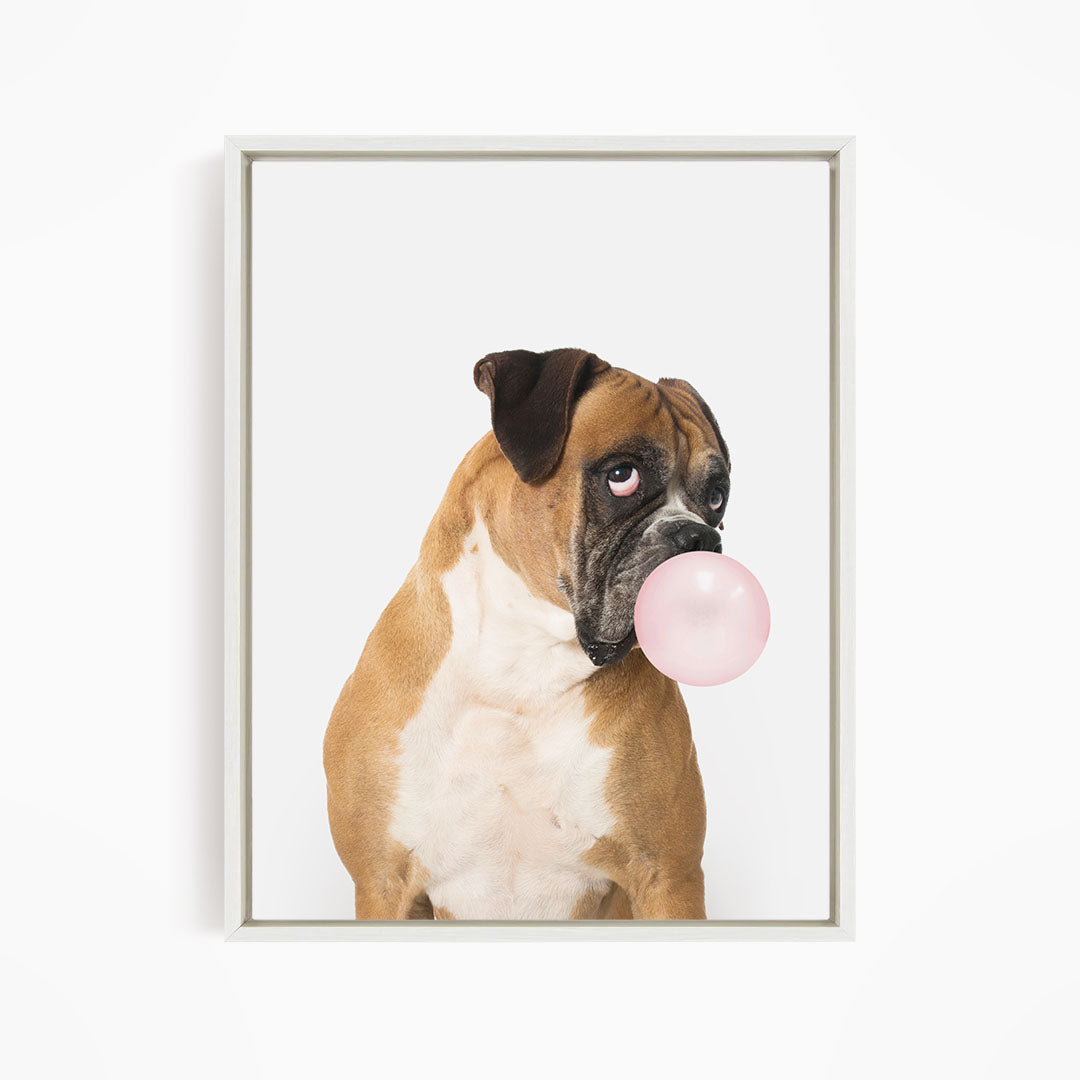 A brown and white dog is blowing a pink bubble with its mouth, creating a playful and adorable scene.