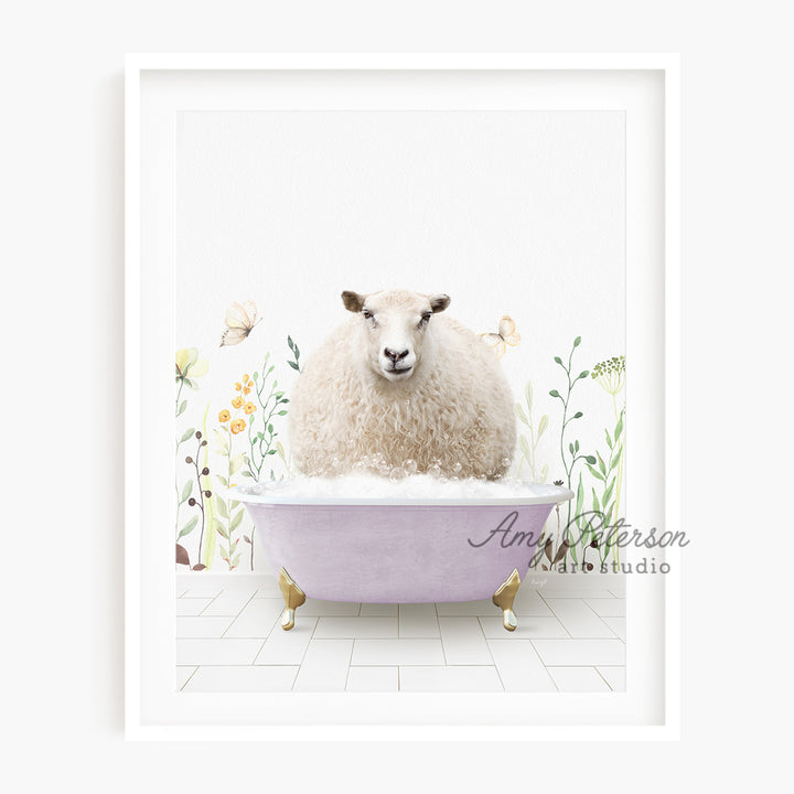 a sheep sitting in a bathtub with flowers on the wall