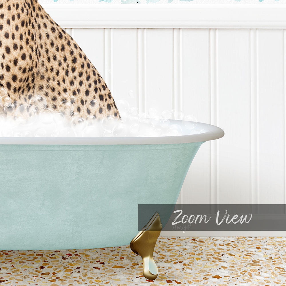A leopard-print cat is sitting in a light blue bathtub filled with water, with a gold bathtub leg visible.